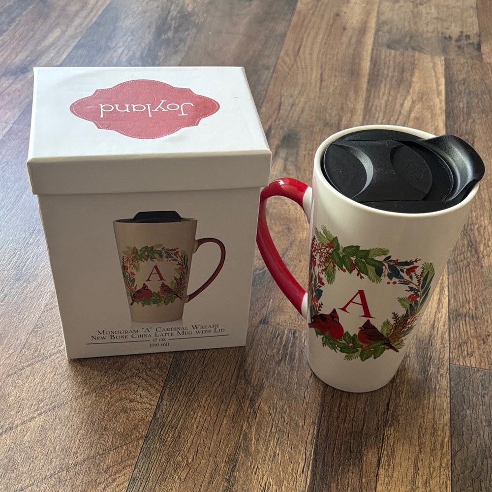 Joyland Monogram A Red and White Cardinal Wreath Latte Mug with Lid New